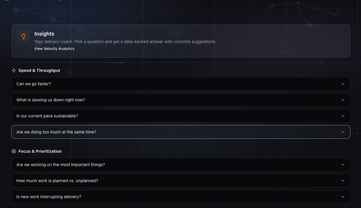 GoalPath AI delivery insights with categorized questions about speed, focus, and predictability