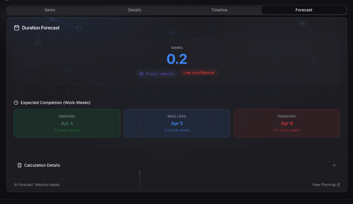 GoalPath Monte Carlo delivery forecast with optimistic, expected, and pessimistic dates